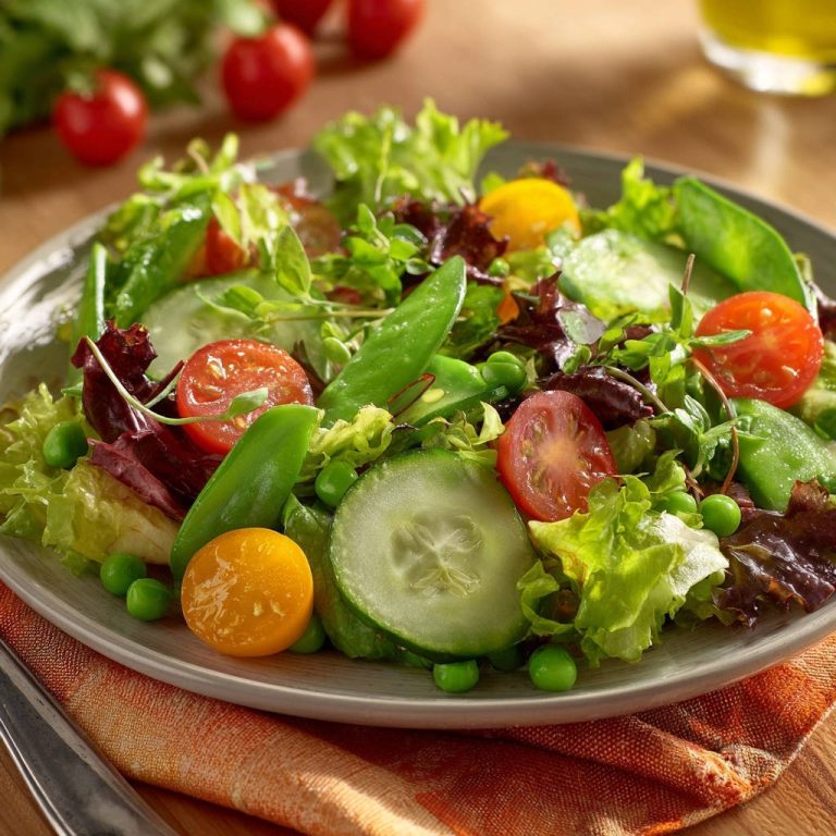 Knackiger Frühlingssalat mit Zitronen-Dressing, frisch angerichtet auf einem Teller mit Tomaten, Gurken und Zuckerschoten.