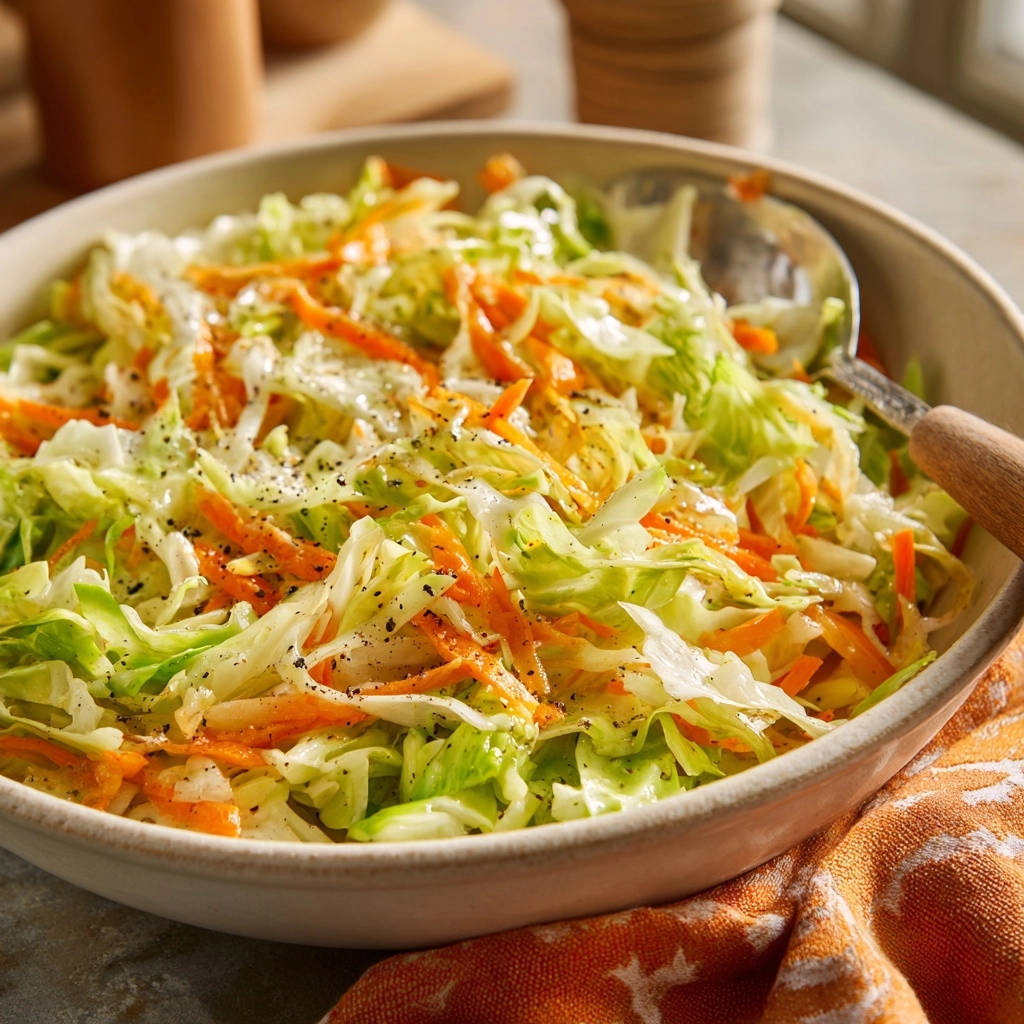 Knackiger Krautsalat Nahaufnahme Schuessel 1 Knackiger Krautsalat in einer Schüssel, Nahaufnahme mit Löffel, frisch und appetitlich zubereitet.