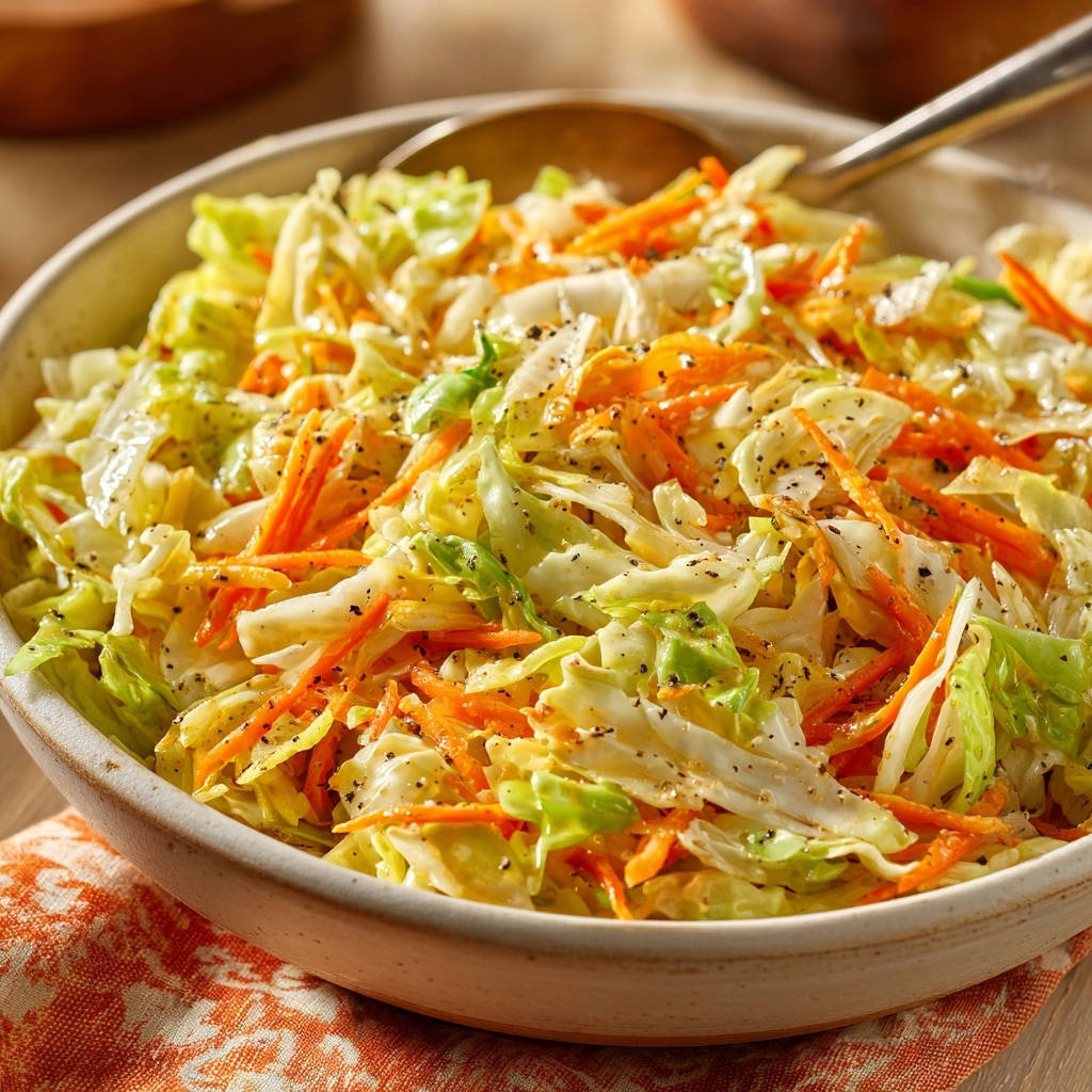 Knackiger Krautsalat in einer Schüssel, mit Karotten und Kohl, garniert mit Pfeffer, Nahaufnahme im Fokus.