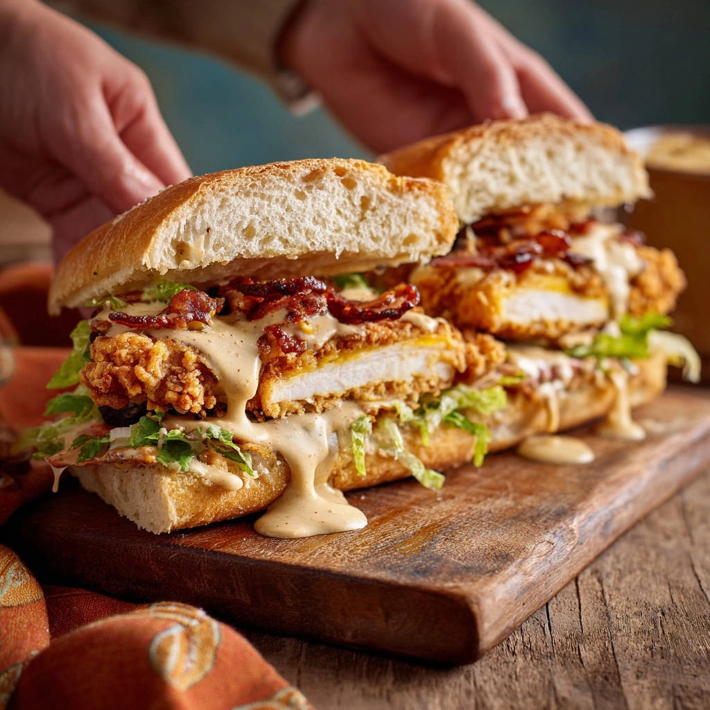 Saftiges Knusper-Hähnchen-Sandwich mit Bacon, angeschnitten zur Nahaufnahme der saftigen Füllung und des knusprigen Hähnchens.