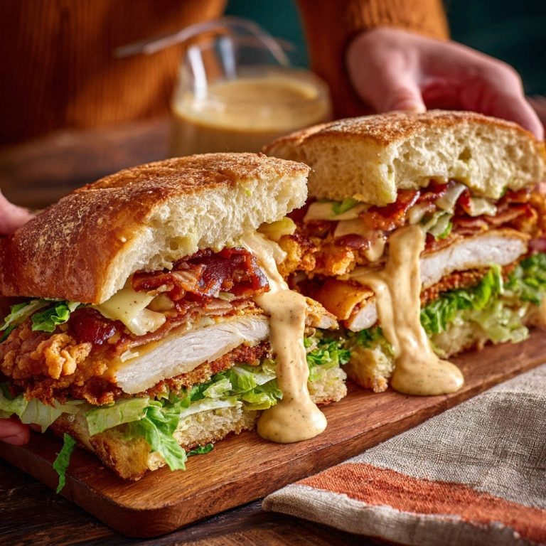 Saftiges Knusper-Hähnchen-Sandwich mit Bacon, angeschnitten und mit Sauce übergossen, zeigt die Füllung.