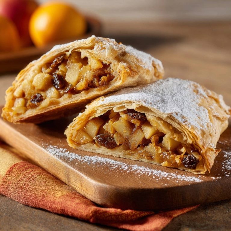 Knusprige Apfelstrudel-Schnitten im Anschnitt mit saftiger Apfelfüllung und Rosinen, bestäubt mit Puderzucker.