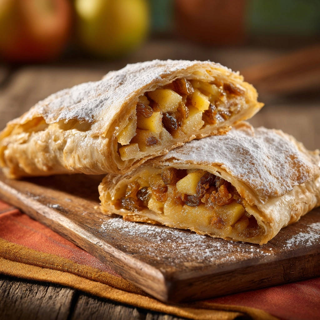Knusprige Apfelstrudel-Schnitten im Detail, die das saftige Innere mit Äpfeln und Rosinen zeigen.