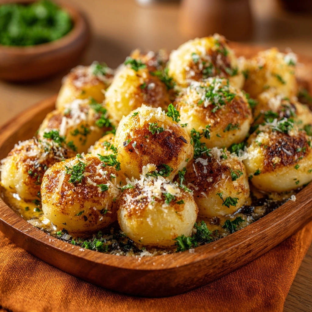 Knusprige Babykartoffeln Mit Kaese Und Kraeutern 1 Knusprige Babykartoffeln mit Parmesan werden mit frisch gehackter Petersilie und geriebenem Käse bestreut und auf einem Holztablett serviert.