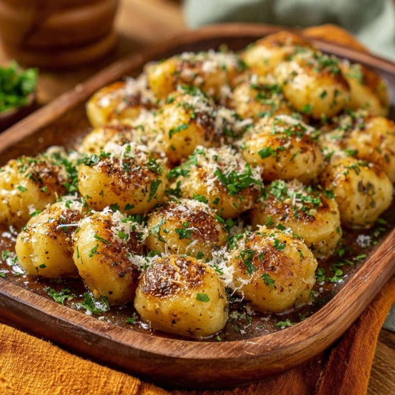 Knusprige Babykartoffeln mit Parmesan, goldbraun gebacken und mit frischer Petersilie und geriebenem Parmesan garniert.