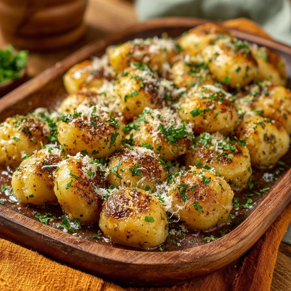 Knusprige Babykartoffeln mit Parmesan, goldbraun gebacken und mit frischer Petersilie und geriebenem Parmesan garniert.