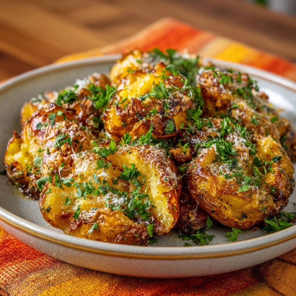 Knusprige Quetschkartoffeln Detail Mit Kraeutern 1 Knusprige Quetschkartoffeln mit Parmesan und frischen Kräutern, detailreich garniert auf einem Teller.