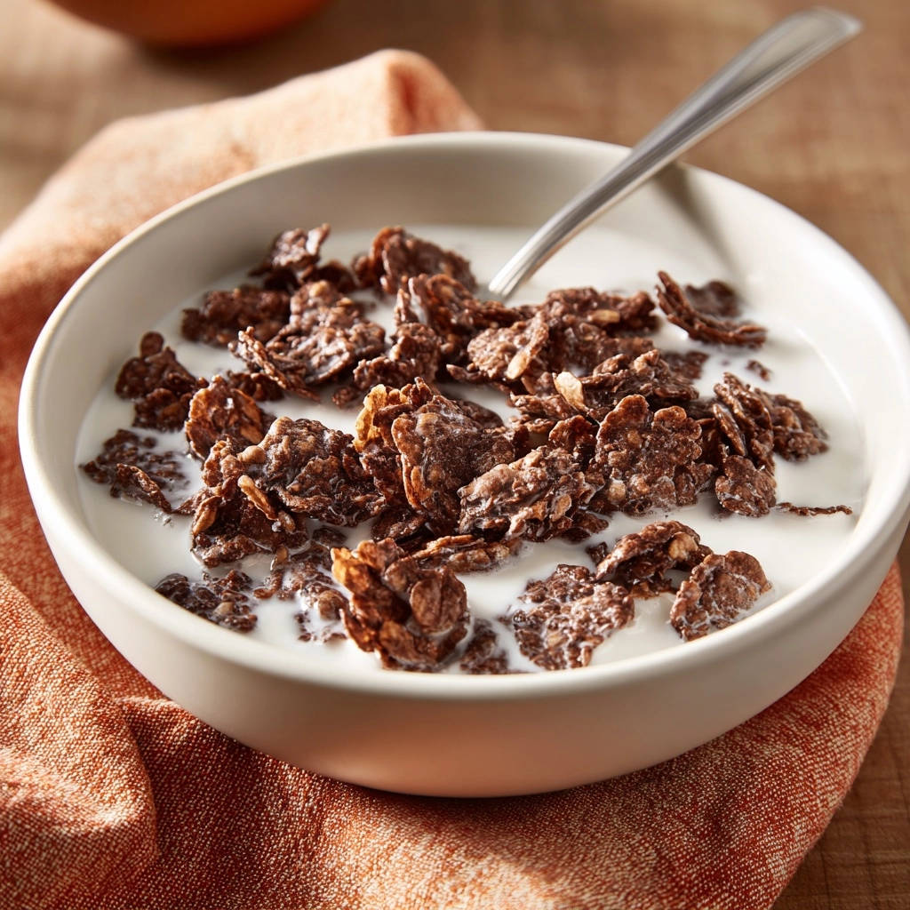 Knusprige Schoko-Flakes in Milch in einer Schüssel, Nahaufnahme der Textur der Flocken.
