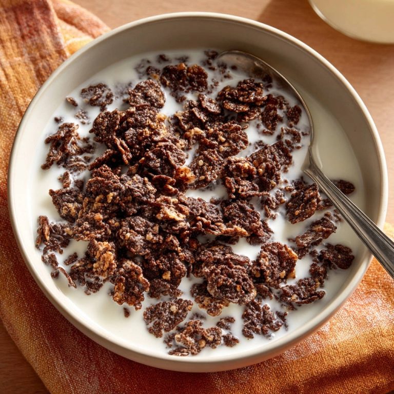 Knusprige Schoko-Flakes in Milch, aus der Nähe in einer Schüssel mit einem Löffel serviert.