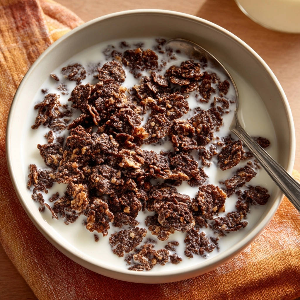 Knusprige Schoko-Flakes in Milch, aus der Nähe in einer Schüssel mit einem Löffel serviert.