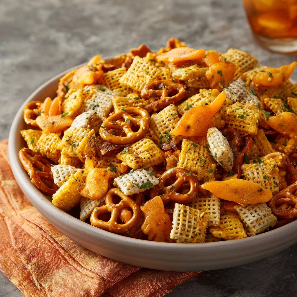 Knuspriger Party Snack Mix Nahaufnahme Schale 1 Knuspriger Party Snack Mix in einer Schale, Nahaufnahme der verschiedenen Zutaten wie Brezeln und Käse-Cracker.