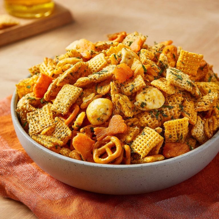 Knuspriger Party Snack Mix, eine Nahaufnahme einer gefüllten Schüssel mit einer Mischung aus verschiedenen herzhaften Knabberartikeln.