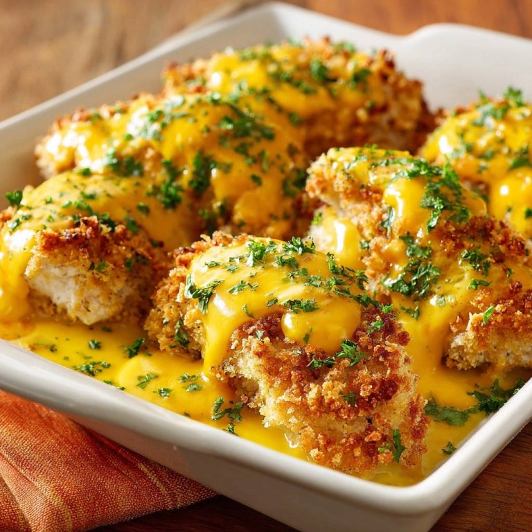 Knuspriges Hähnchen in cremiger Käsesauce, angeschnitten im Querblick mit geschmolzenem Käse und Petersilie garniert.
