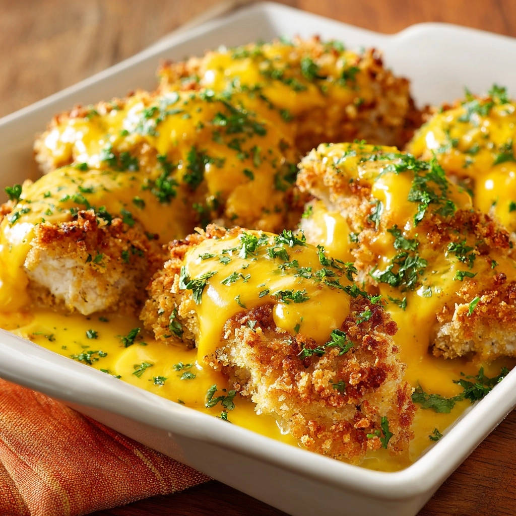 Knuspriges Hähnchen in cremiger Käsesauce, angeschnitten im Querblick mit geschmolzenem Käse und Petersilie garniert.