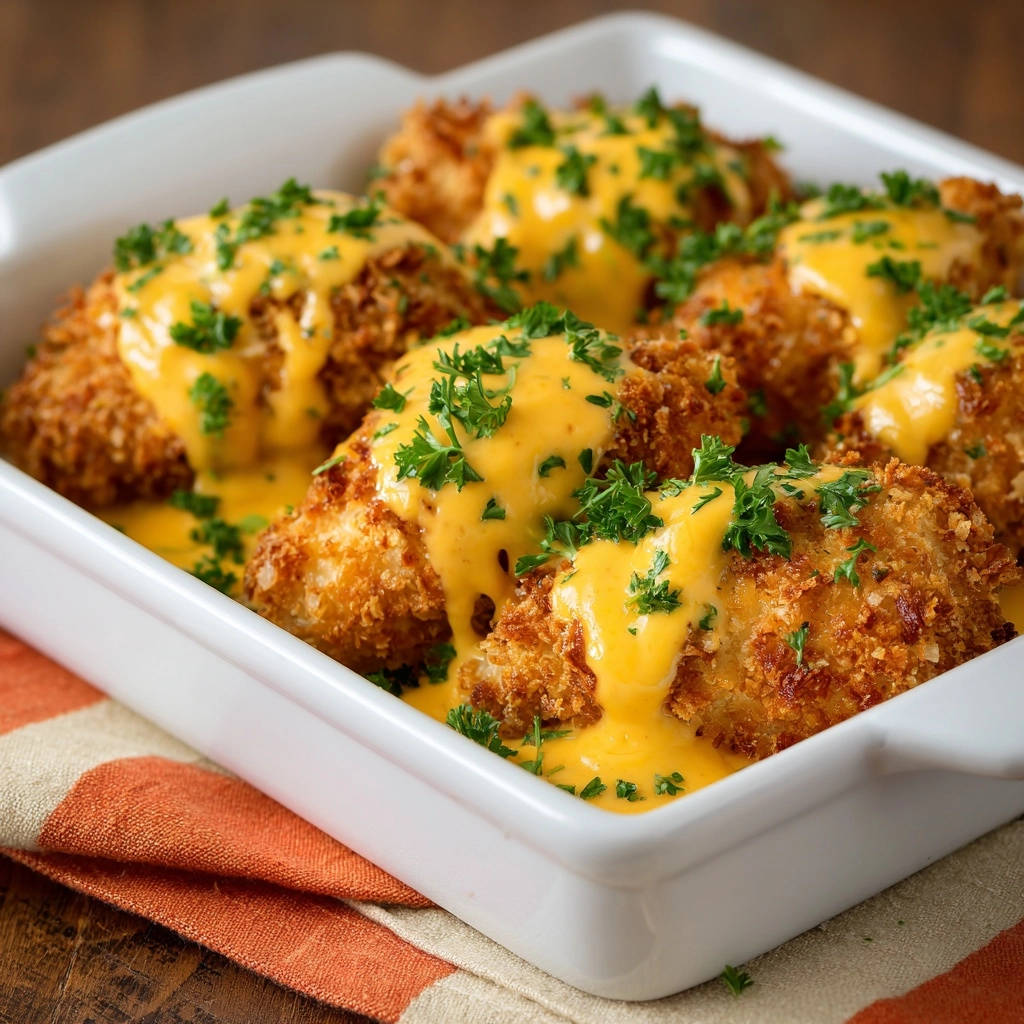 Knuspriges Hähnchen in cremiger Käsesauce, garniert mit frischer Petersilie und übergossen mit goldgelber Sauce.