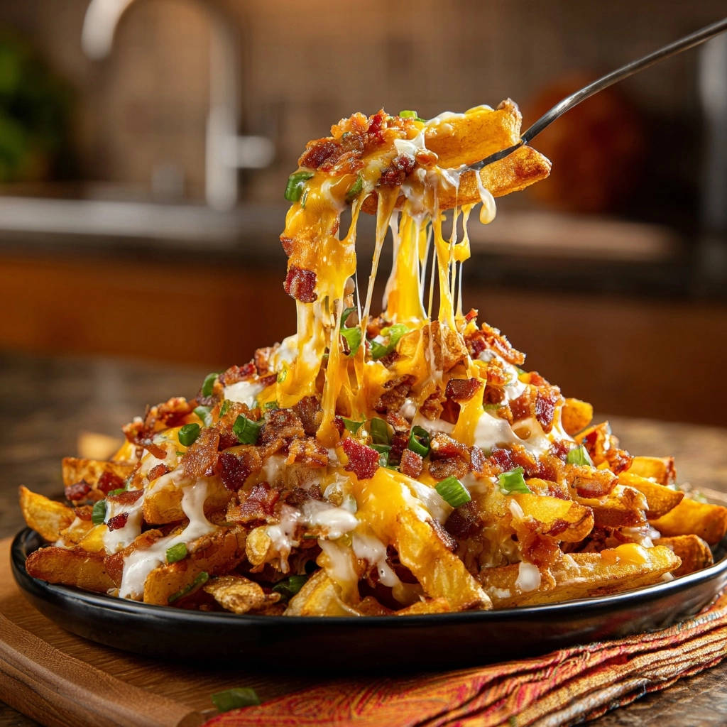 Knusprige Loaded Fries mit Käse & Bacon, bei denen geschmolzener Käse von einer Gabel gezogen wird
