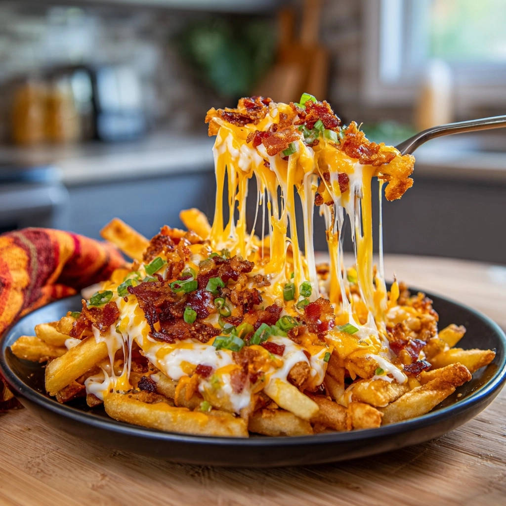 Loaded Fries Kaese Bacon Zupfen 1 Knusprige Loaded Fries mit Käse & Bacon, die von einer Gabel gezogen werden und den zähen Käse zeigen.