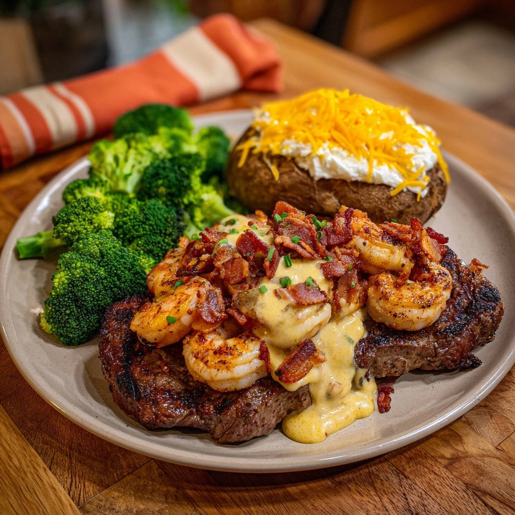 Luxuriöser Steak & Garnelen Teller mit cremiger Sauce, garniert mit Speck und Schnittlauch, serviert mit gebackener Kartoffel und Brokkoli.