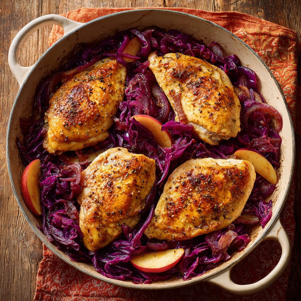 Herbstliches Ofen-Hähnchen mit Rotkohl und Apfel, von oben in einem Gusseisentopf mit gebratenem Hähnchen und gedünstetem Rotkohl.