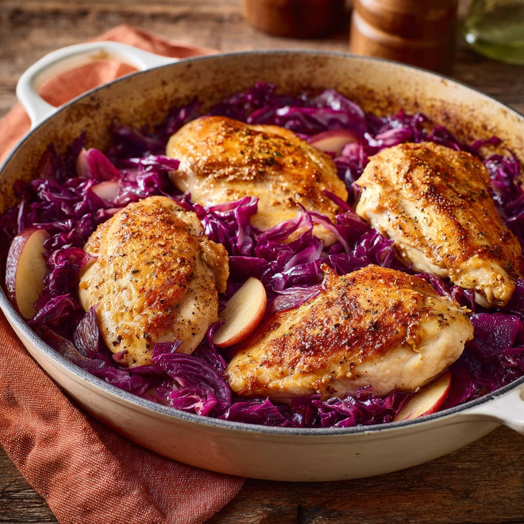 Ofen Huhn Rotkohl Apfel Nahaufnahme 1 Herbstliches Ofen-Hähnchen mit Rotkohl und Apfel, vier saftige Hähnchenbrüste in einer Auflaufform mit Rotkohl und Apfelscheiben.
