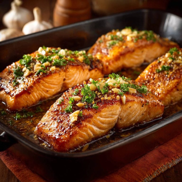 Saftiger Ofen-Lachs mit Knoblauch-Kräuter-Butter, im Detail mit frischen Kräutern und Knoblauch garniert, in einer Pfanne serviert.