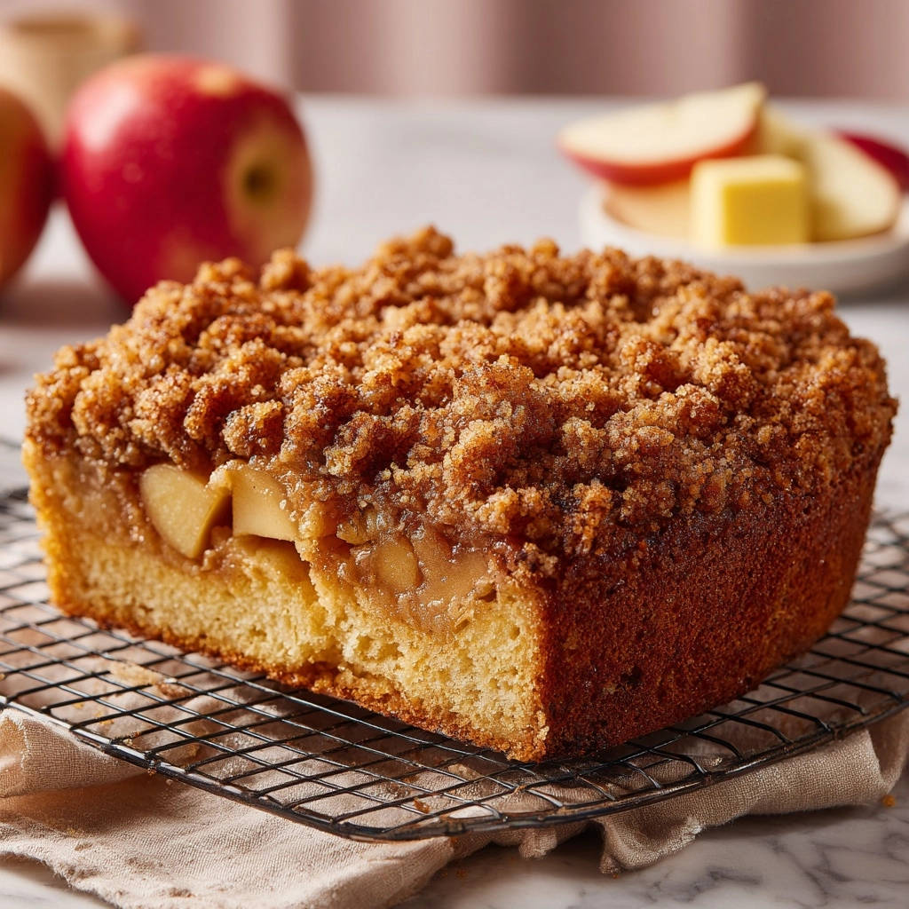Omas Apfel-Streuselkuchen angeschnitten mit saftigen Äpfeln und knusprigen Streuseln auf einem Gitter