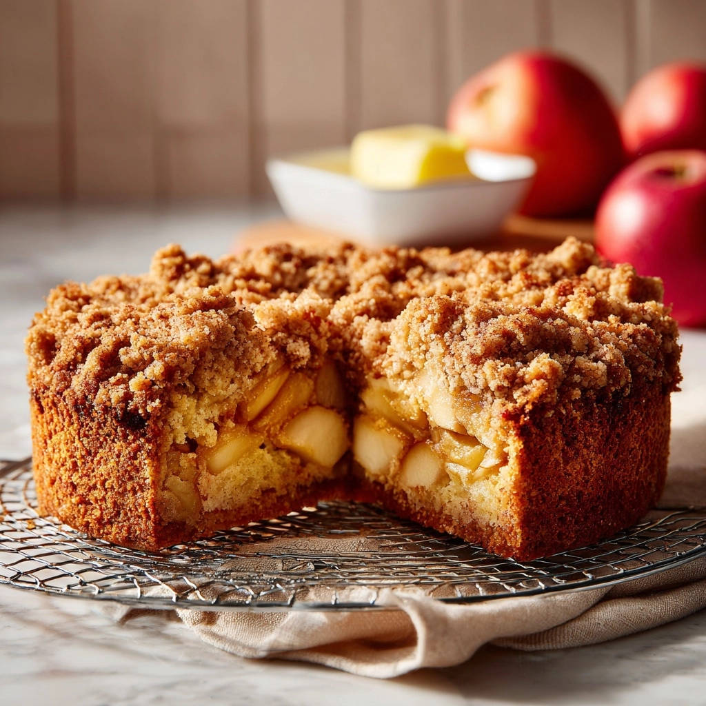 Omas Apfel-Streuselkuchen im Anschnitt mit sichtbaren Apfelstücken und Streuseldecke auf einem Kuchengitter