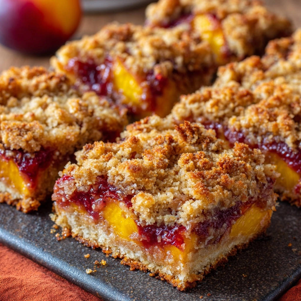 Saftiger Pfirsich-Beeren-Streuselkuchen im Querschnitt mit saftiger Fruchtschicht und knusprigen Streuseln