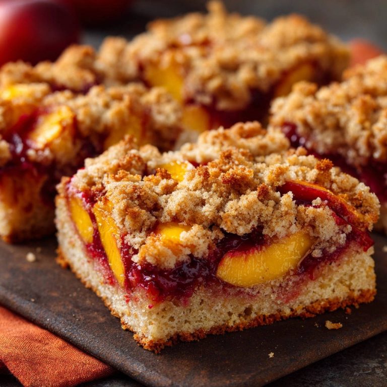 Saftiger Pfirsich-Beeren-Streuselkuchen angeschnitten, mit sichtbaren Fruchtstücken und goldbraunen Streuseln, auf einem dunklen Brett.