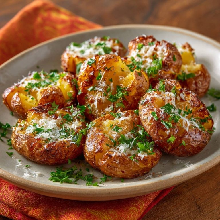 Knusprige Quetschkartoffeln mit Parmesan sind auf einem Teller mit gehackter Petersilie und geriebenem Käse garniert.