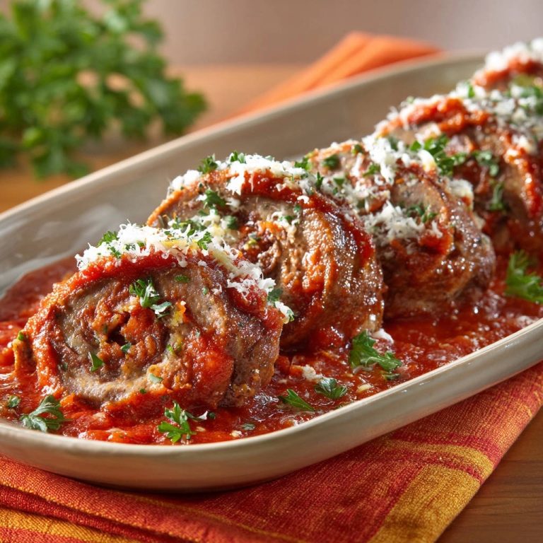 Herzhafte Rinder-Hackbraten-Roulade in würziger Tomatensoße, angeschnitten mit sichtbarer Füllung und Käse garniert