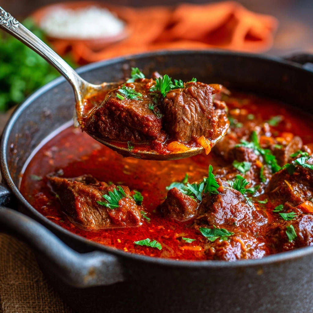 Deftiges Rindergulasch als Nahaufnahme auf einem Löffel mit zarten, saftigen Fleischstücken und frischer Petersilie garniert.