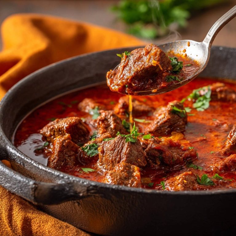 Deftiges Rindergulasch mit einem Löffel, der ein saftiges Stück Fleisch mit Sauce zeigt.