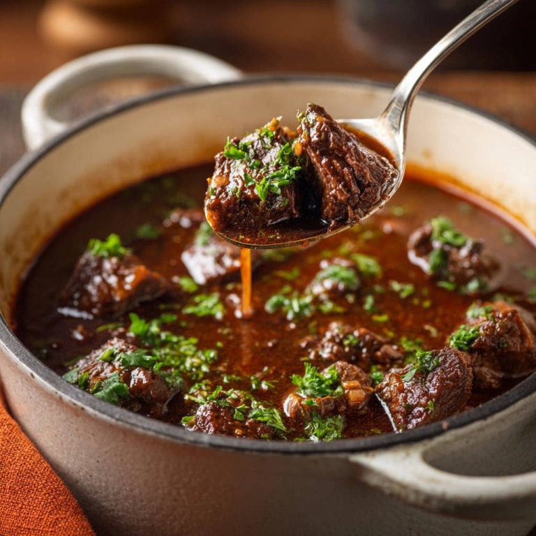 Deftiges Rindergulasch wird mit einem Löffel aus dem Topf gehoben und zeigt die saftigen Fleischstücke.