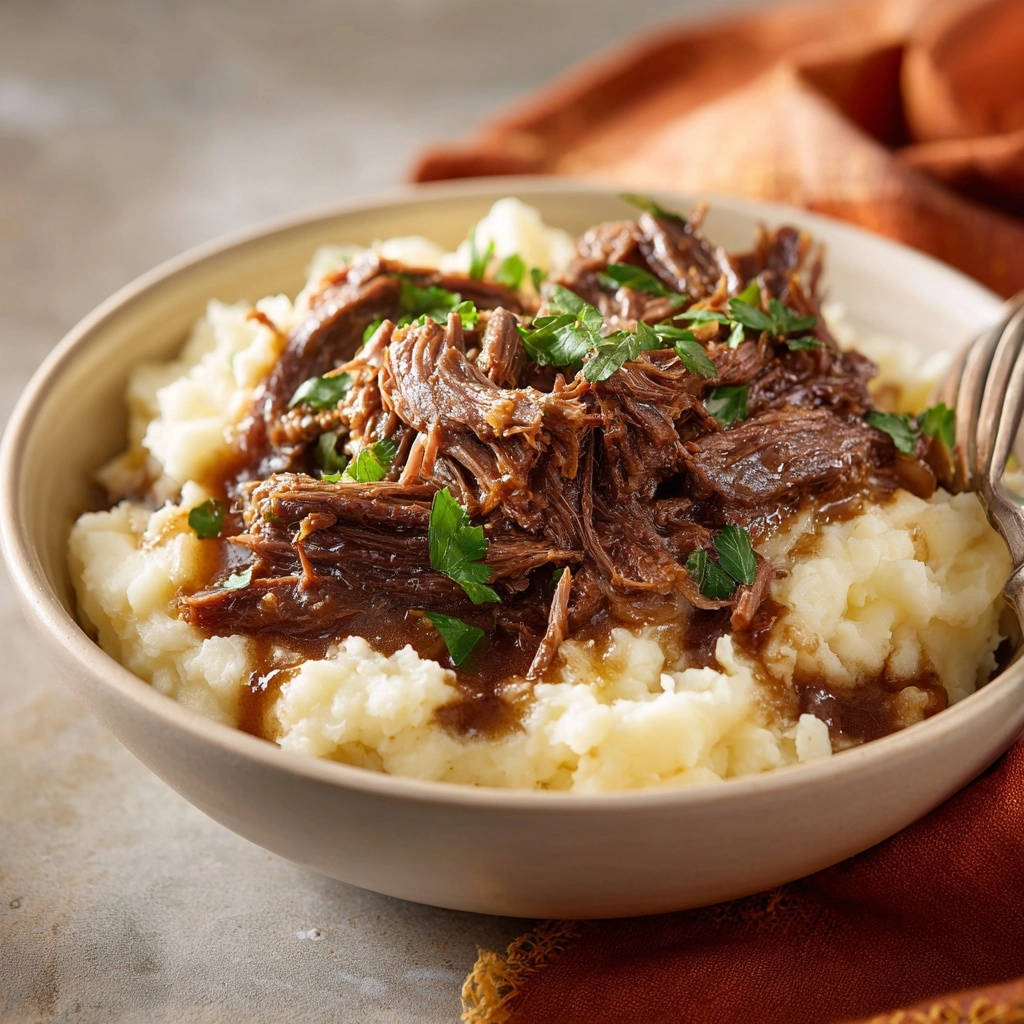 Rinderschmorbraten Kartoffelpree Nahaufnahme Garniert 1 Zarter Rinderschmorbraten mit Kartoffelpüree, eine Nahaufnahme des saftigen Gerichts, garniert mit frischer Petersilie.