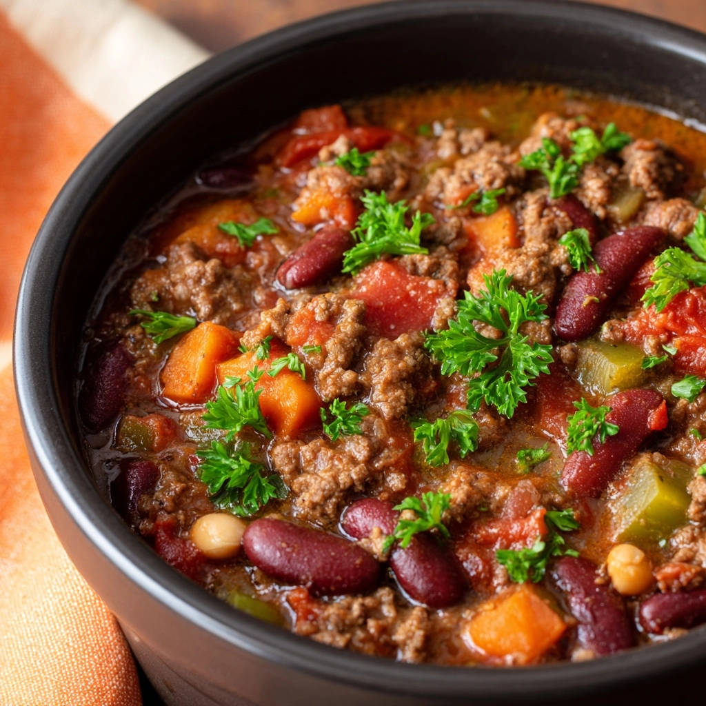 Das ultimative Rindfleisch-Chili mit Kidneybohnen, Fleisch und frischer Petersilie als Garnitur, nah aufgenommen.