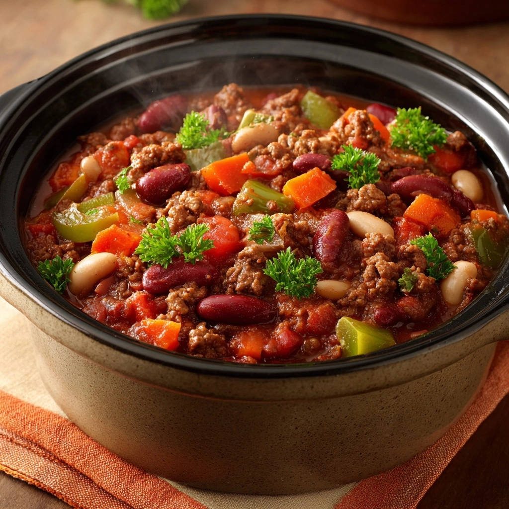 Das ultimative Rindfleisch-Chili in einem Topf, detailreich und dampfend mit Kidneybohnen, Karotten und Petersilie garniert.