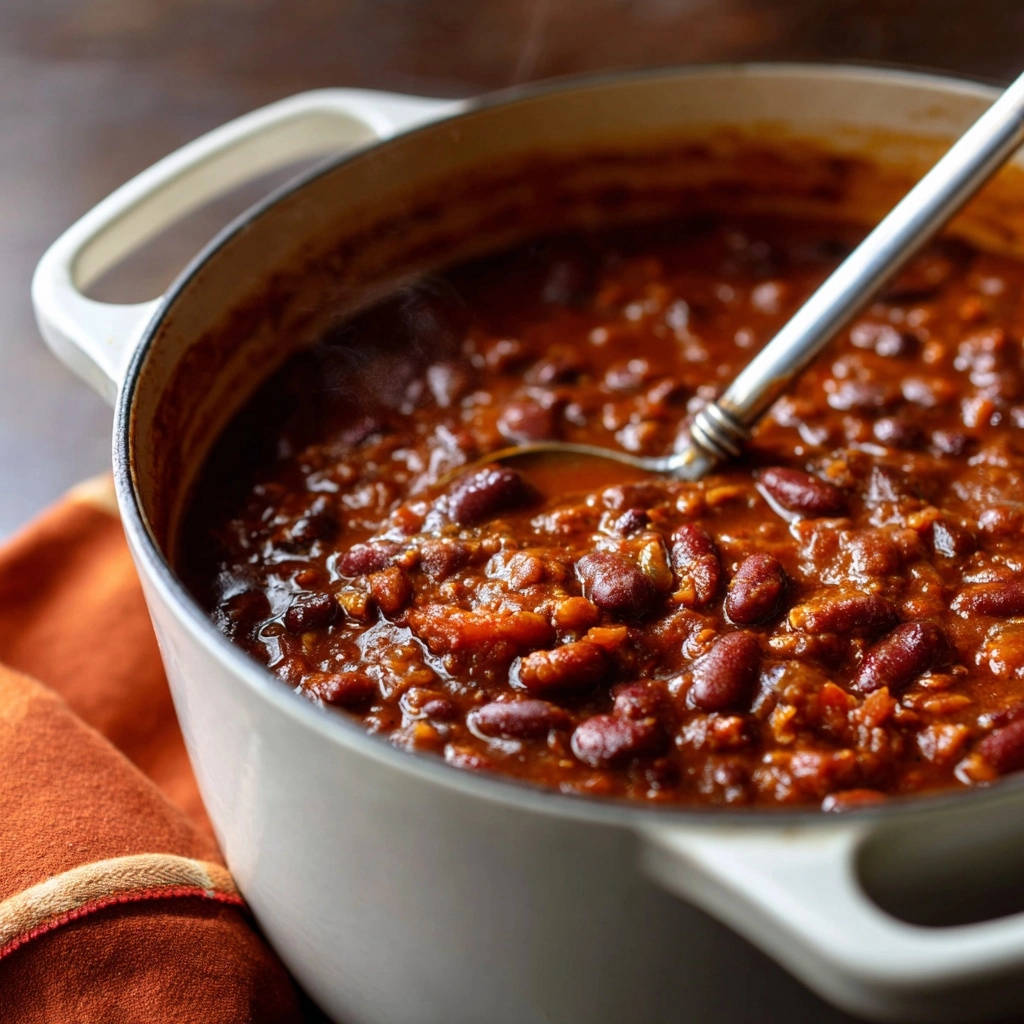 Herzhaftes Rindfleisch-Chili als Nahaufnahme im Kochtopf mit einer Löffelportion, dampfend und voller Bohnen.