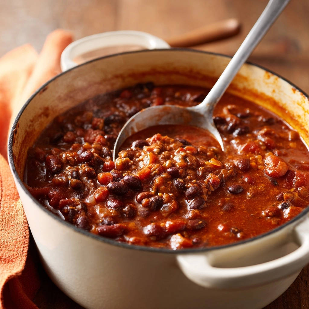 Herzhaftes Rindfleisch-Chili mit Bohnen und Tomaten, nah aufgenommen in einer weißen Gusseisentopfgabel.