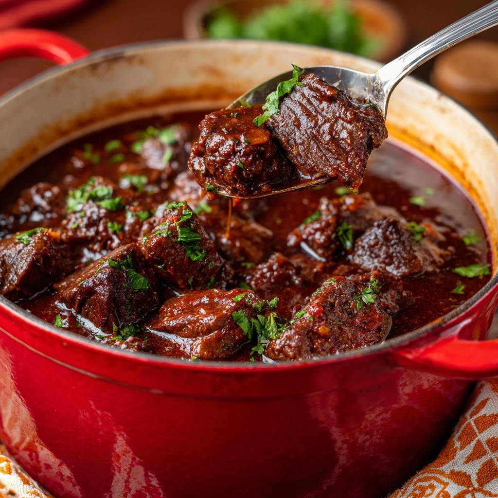 Herzhaftes Rindsgulasch, eine Löffelaufnahme zeigt zarte Fleischstücke in dunkler Sauce mit Petersilie garniert.