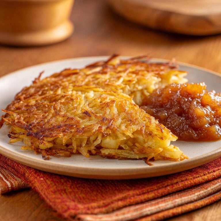 Goldene Rösti-Torte mit Apfelmus im Querschnitt, knusprig gebraten und mit einer Beilage Apfelmus serviert.