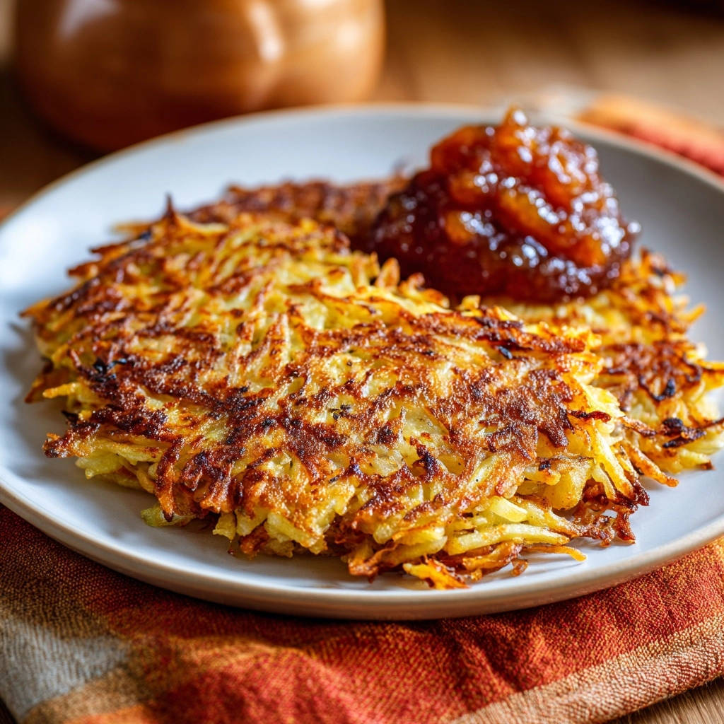 Goldene Rösti-Torte mit Apfelmus, eine knusprige Torte mit Apfelmus-Topping aus der Nähe auf einem Teller.