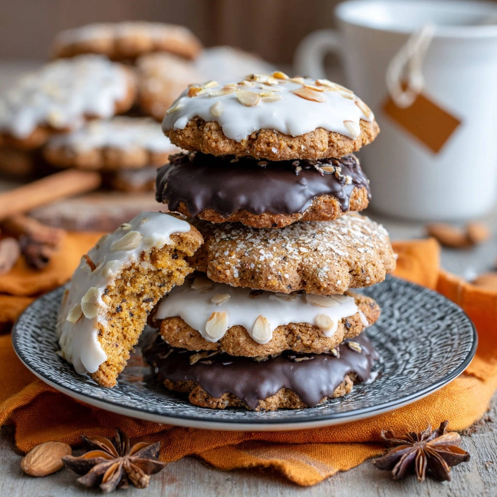 Saftige Gewuerzpltzchen Angeschnitten 1 Saftige Gewürzplätzchen zum Verlieben, angeschnitten und mit weißer und dunkler Glasur, garniert mit Mandelblättchen.