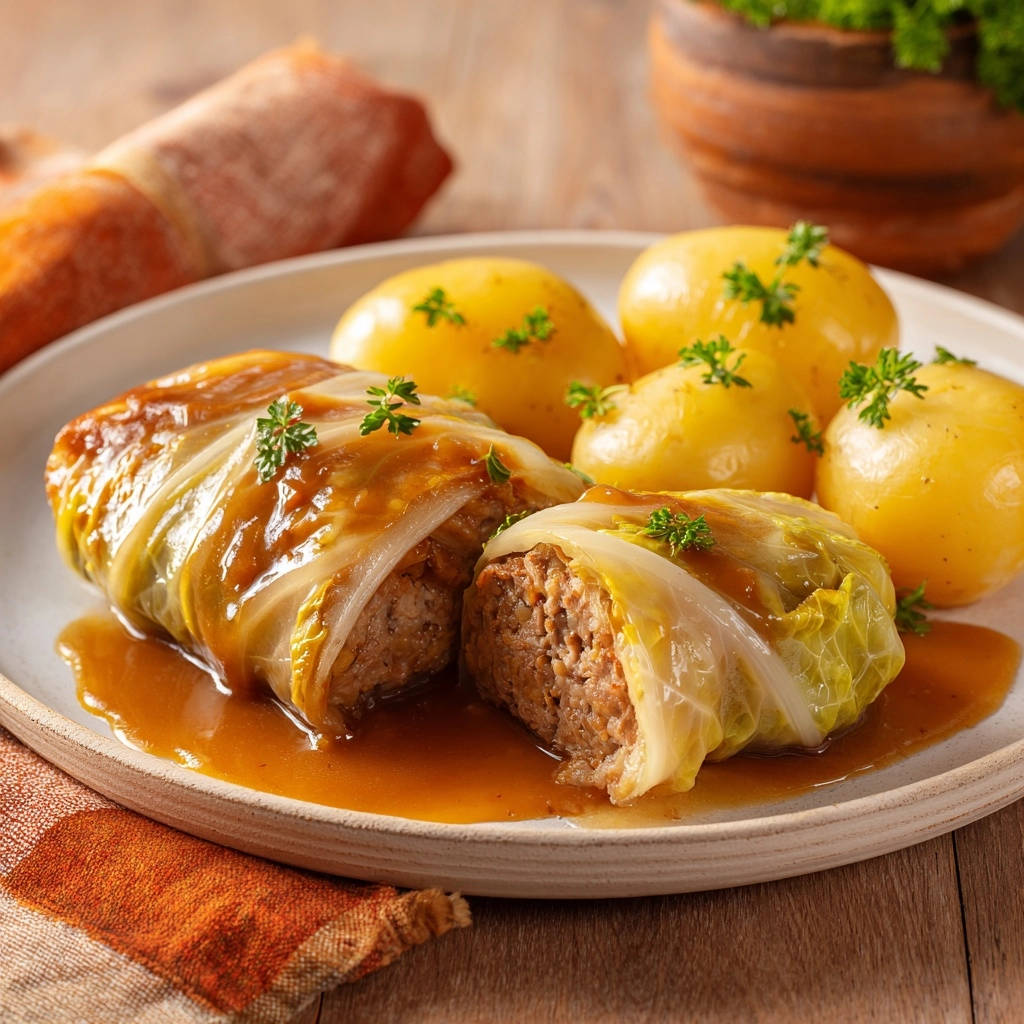Saftige Krautwickel Klassiker Angeschnitten 1 Saftige Krautwickel Klassiker angeschnitten auf einem Teller mit Kartoffeln und Sauce, garniert mit Petersilie.
