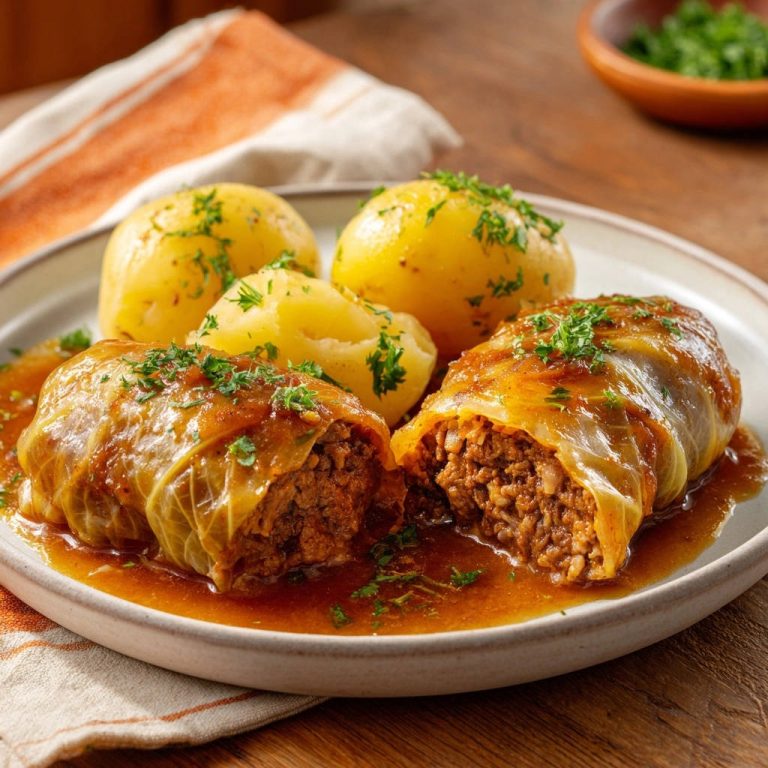 Saftige Krautwickel Klassiker angeschnitten auf einem Teller mit Kartoffeln und Petersilie, detaillierte Innenansicht des Hackfleisch-Reis-Füllung