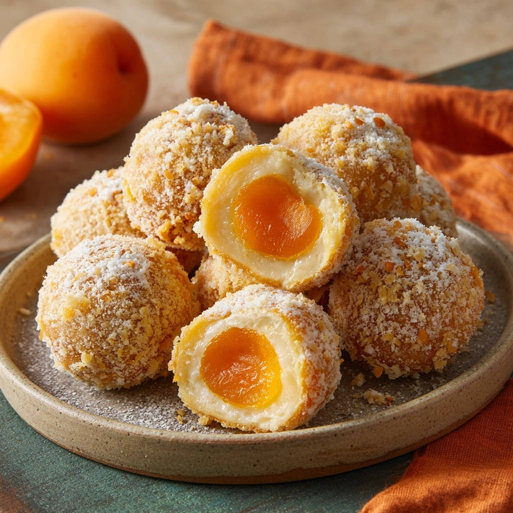 Saftige Marillenknödel angeschnitten auf einem Teller, die Füllung aus Aprikose und Teig ist gut sichtbar.