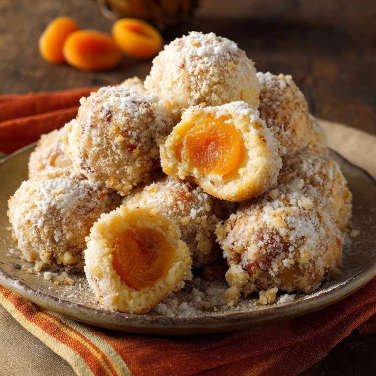 Saftige Marillenknödel im Querschnitt, die einen saftigen Marillenkern im weichen Teig enthüllen.