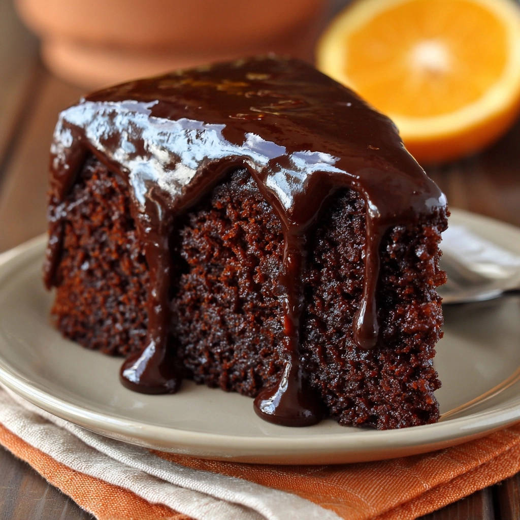 Saftiger Schoko Orange Kuchen Angeschnitten 1 Saftiger Schoko-Orangen-Kuchen angeschnitten auf einem Teller mit Schokoladenglasur und einem Stück Orange im Hintergrund.