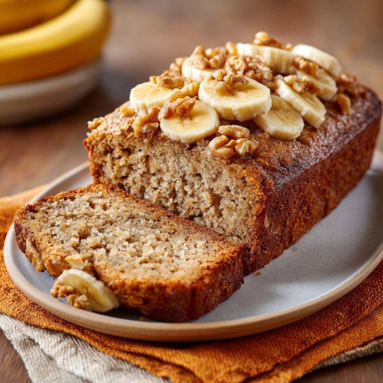 Saftiges Bananenbrot mit Walnüssen, garniert mit Bananenscheiben und Nüssen, angeschnitten auf einem Teller.