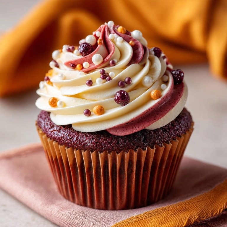 Samtige Beeren-Cupcakes, nahaufnahme der kunstvollen Garnitur mit bunten Streuseln und Beeren.